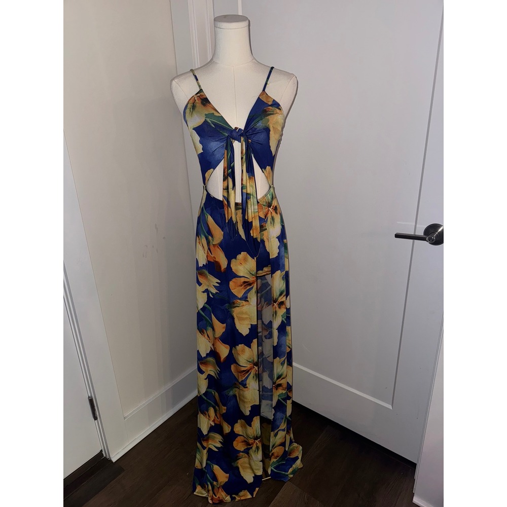 Auditions‎ Floral Cutout Tie Front Maxi Dress Navy Blue Yellow Orange M